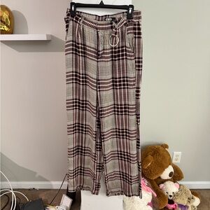 American Original Rewash Wide-Leg Pants Size M Maroon Multicolor Plaid Belted